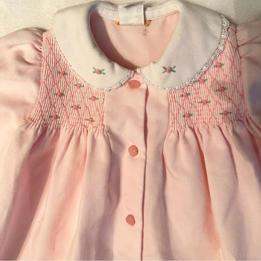 Vintage Pink Baby Girl Coat Dress 6-9M floral rose embroidered smocked unbranded